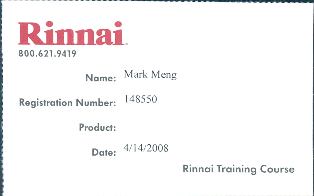 Long Beach Plumber Credentials - Rinnai